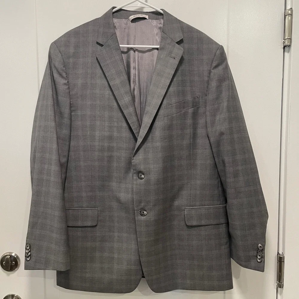 Joseph Abboud Mens 46R Grey Plaid Super 120 Wool Blazer Tailored Fit Made in USA